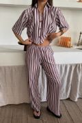 ÇİZGİLİ CROP GÖMLEK - SALAŞ PANTOLON TAKIM MODAL - Bordo resmi